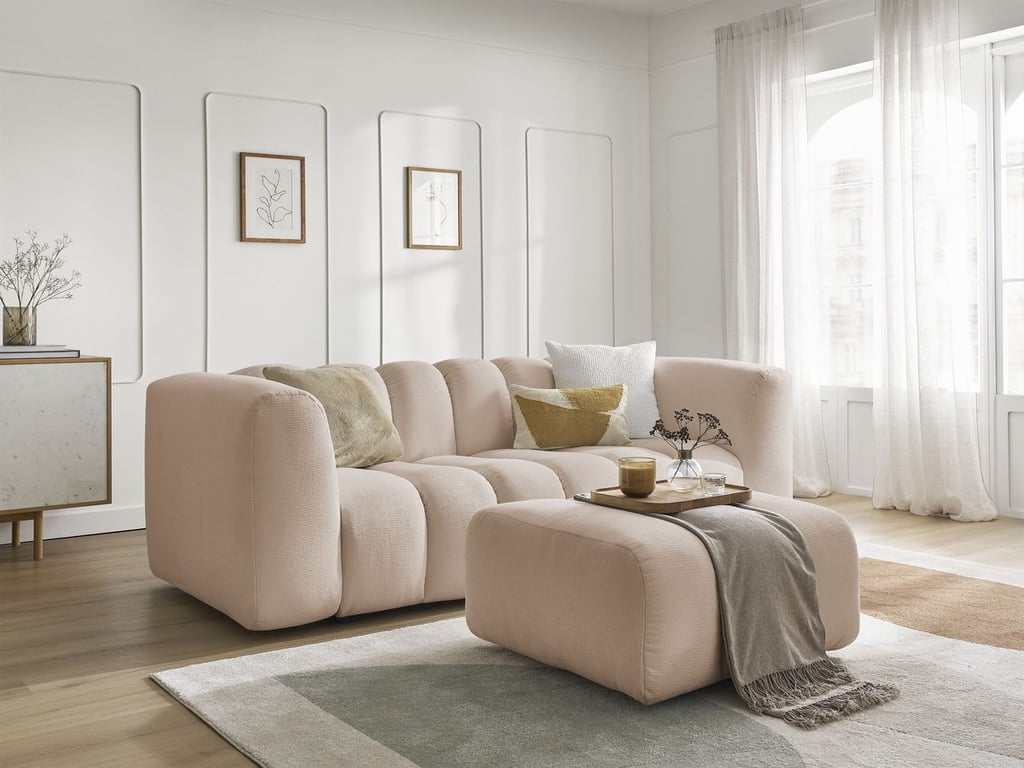 Produit similaire: Canapé droit fixe 3 places TALIA tissu chiné avec pouf beige BOBOCHIC