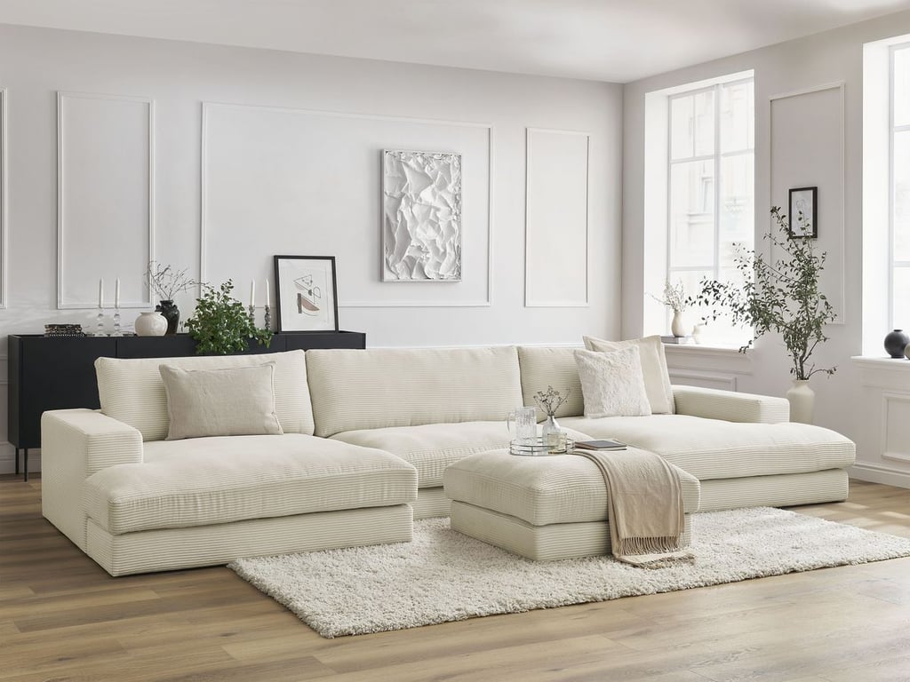 Produit similaire: Canapé panoramique fixe LEONARD velours côtelé avec pouf beige BOBOCHIC 7 places