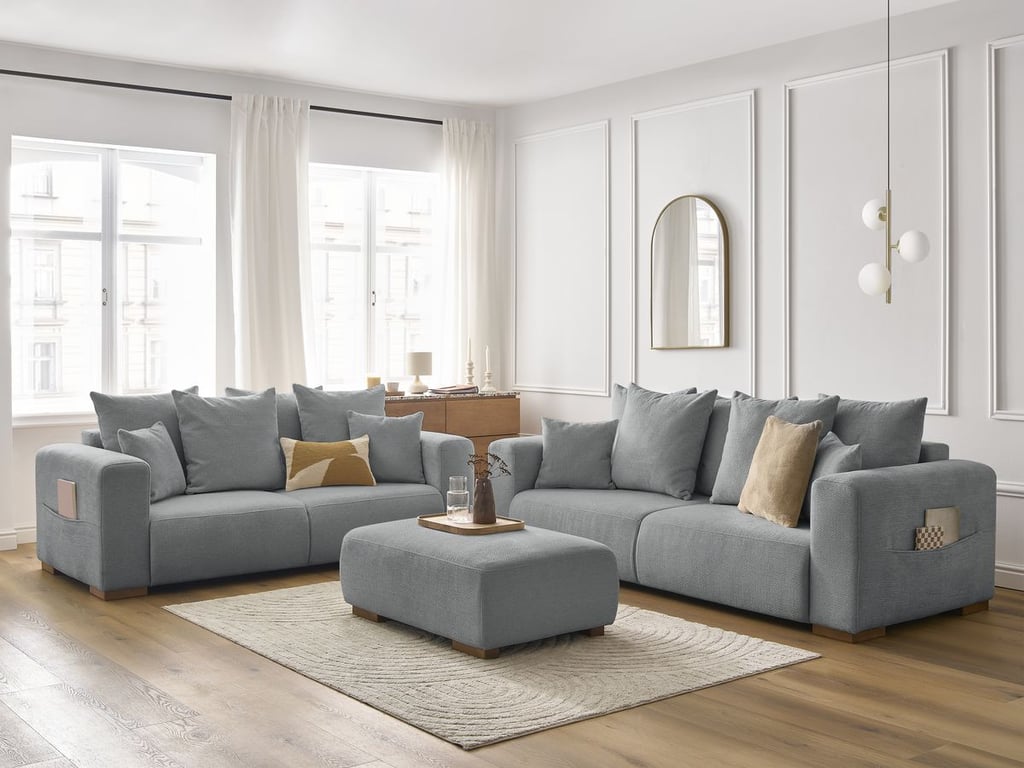 Produit similaire: Ensemble canapé droit fixe 3 + 2 places SIDONIE tissu chiné avec pouf gris foncé BOBOCHIC