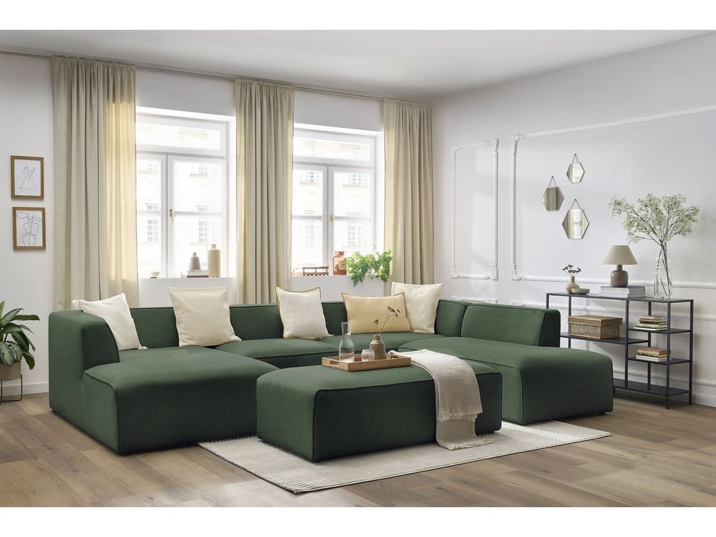 Produit similaire: Canapé panoramique fixe MEGEVE avec pouf tissu chiné vert angle gauche BOBOCHIC 6 places