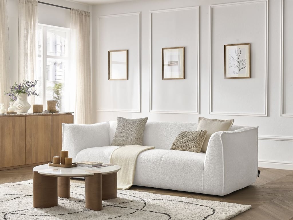 Produit similaire: Canapé droit fixe 3 places GIORGIA tissu bouclette blanc BOBOCHIC