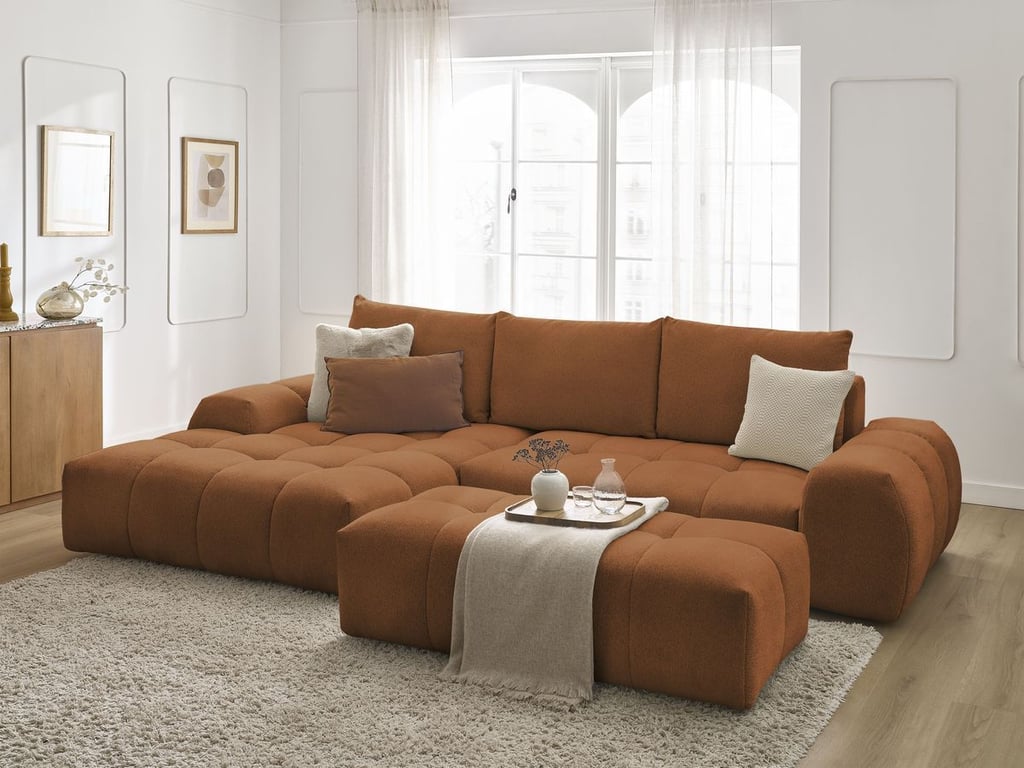 Produit similaire: Canapé d'angle convertible coffre EVEREST tissu chiné avec pouf orange angle gauche BOBOCHIC 4 places