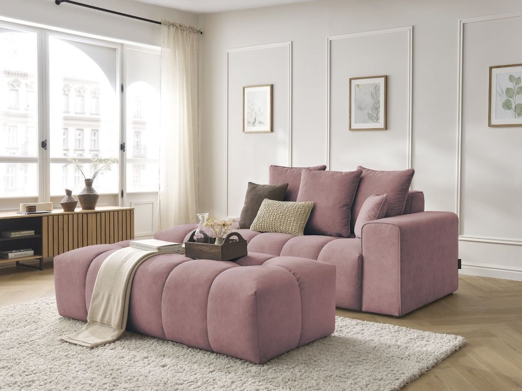 Produit similaire: Canapé droit fixe MONT-BLANC velours avec pouf rose accoudoir droit BOBOCHIC 5 places