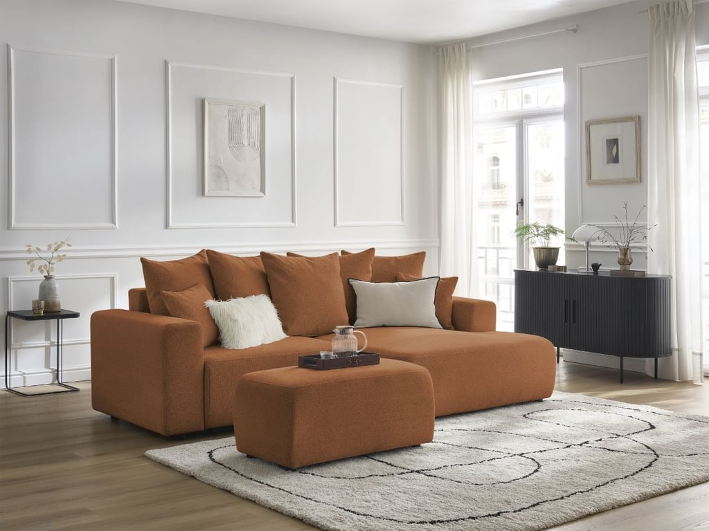 Produit similaire: Canapé d'angle convertible coffre ATILLA tissu chiné avec pouf orange angle droit BOBOCHIC 5 places