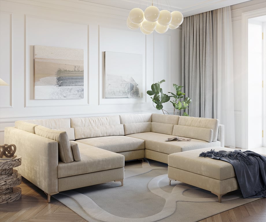 Produit similaire: Canapé panoramique Elio 300x185 cm Velours côtelé beige avec tabouret