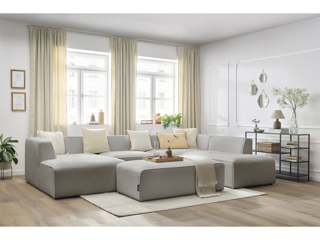 Produit similaire: Canapé panoramique fixe MEGEVE avec pouf tissu bouclette gris clair angle gauche BOBOCHIC 6 places