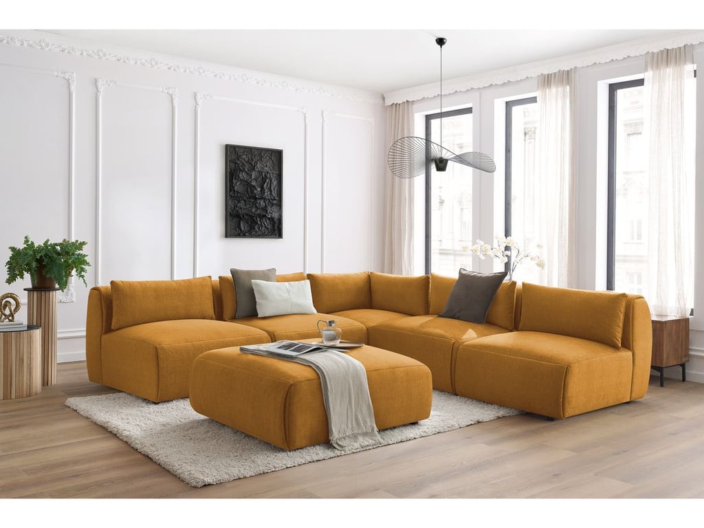 Produit similaire: Canapé d'angle fixe modulable JEANNE tissu velours avec 4 chauffeuses, 1 angle et 1 pouf jaune réversible BOBOCHIC 6 places