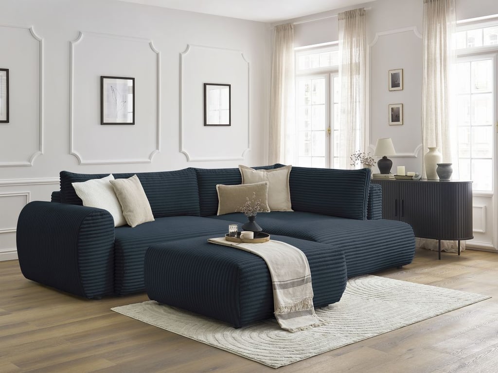 Produit similaire: Canapé d'angle L convertible coffre LUCIEN gros côtelé doux avec pouf bleu foncé angle droit BOBOCHIC 4 places