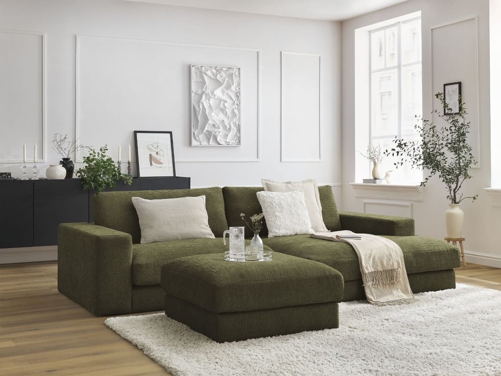 Produit similaire: Canapé d'angle fixe LEONARD tissu texturé avec pouf vert angle droit BOBOCHIC 5 places