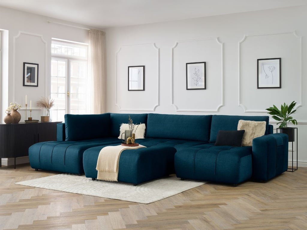 Produit similaire: Canapé panoramique convertible coffre ARSENE tissu velours avec pouf bleu angle droit BOBOCHIC 6 places