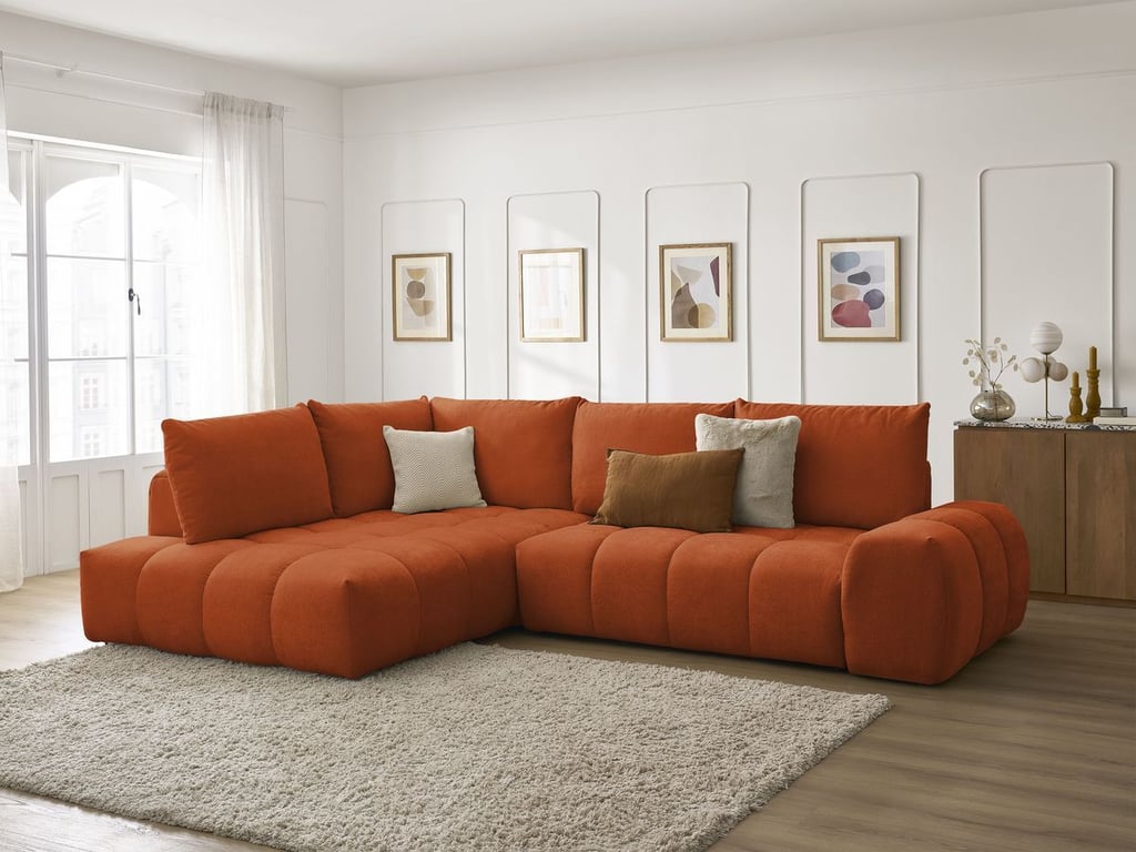 Produit similaire: Canapé d'angle L convertible coffre EVEREST tissu texturé orange angle gauche BOBOCHIC 3 places