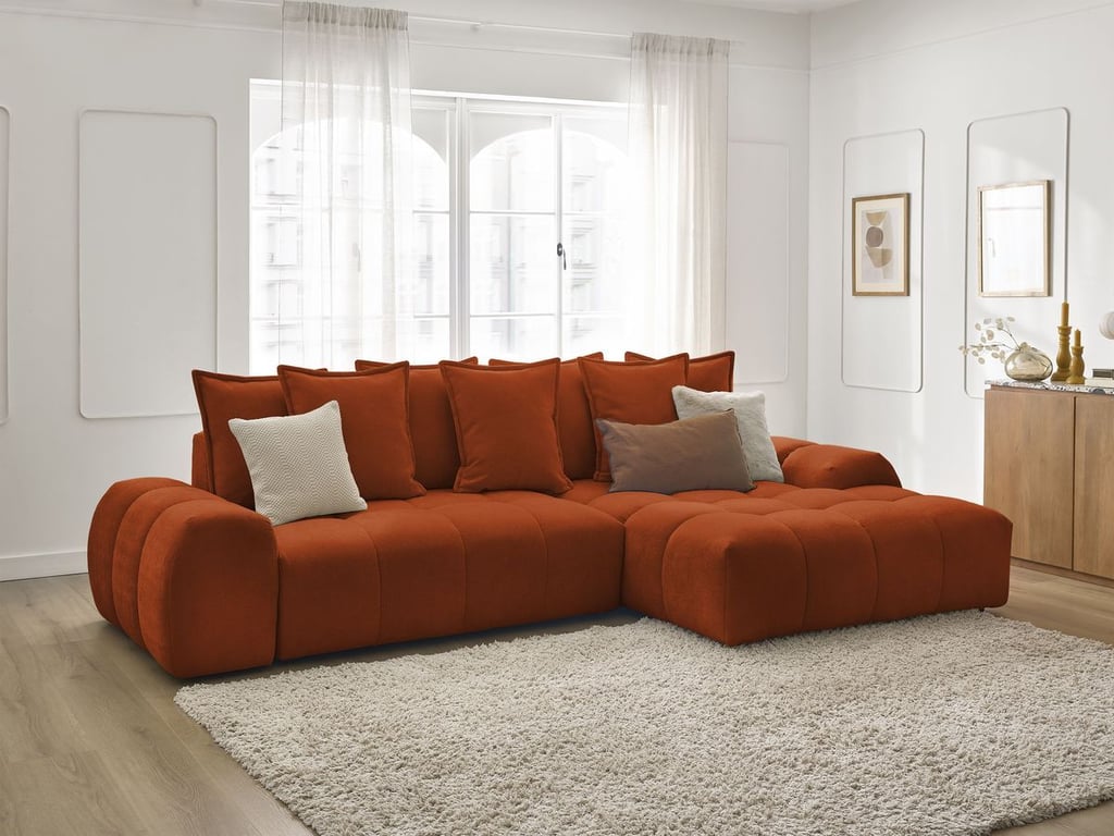 Produit similaire: Canapé d'angle convertible coffre EVEREST tissu texturé orange angle droit BOBOCHIC 3 places