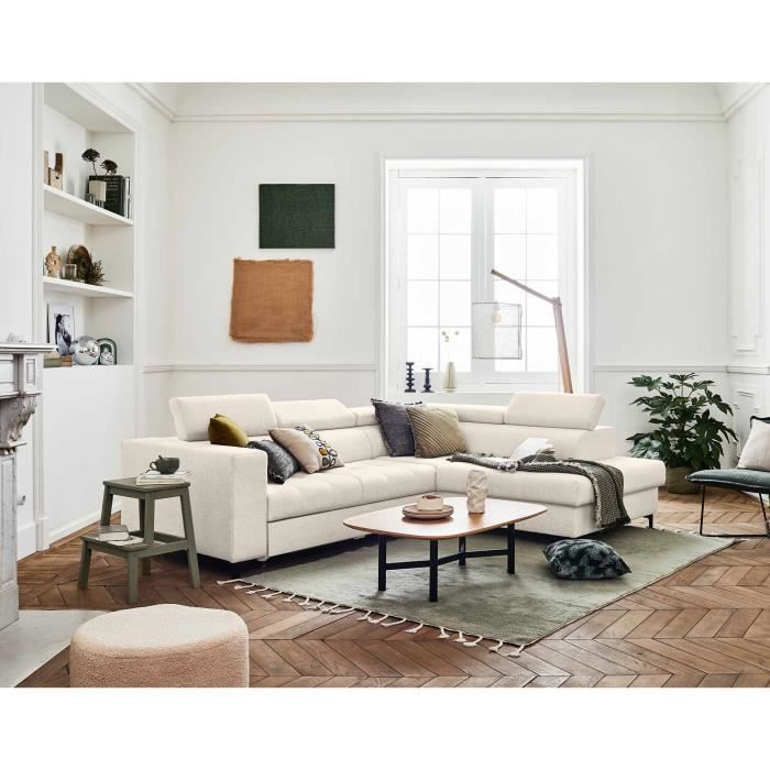 Produit similaire: Canapé d'angle convertible Olinda 5 places en tissu beige avec coffre et têtières réglables
