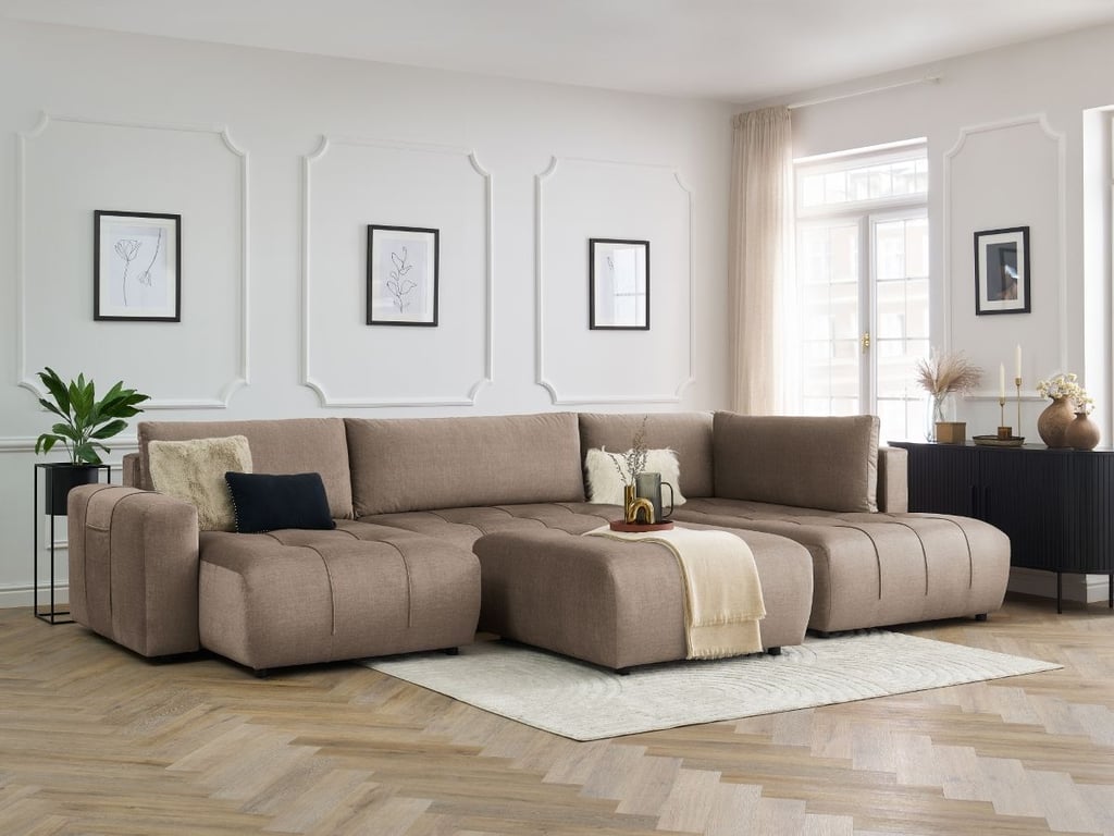 Produit similaire: Canapé panoramique convertible coffre ARSENE tissu velours avec pouf taupe angle gauche BOBOCHIC 6 places