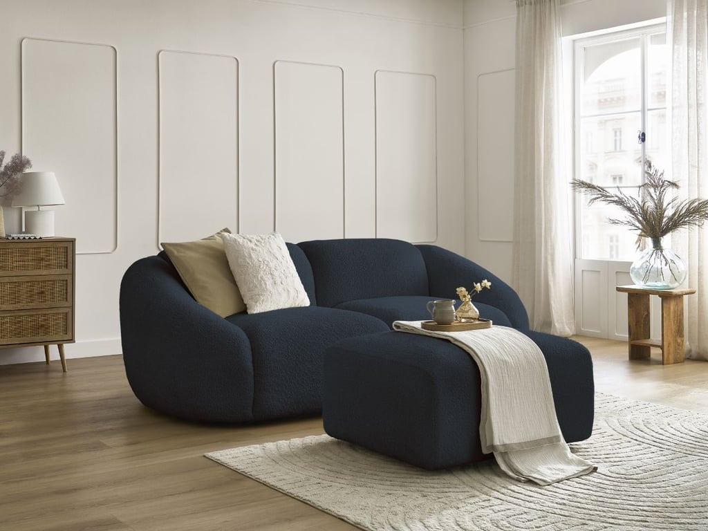 Produit similaire: Canapé droit fixe 2 places TINA tissu bouclette avec pouf bleu foncé BOBOCHIC