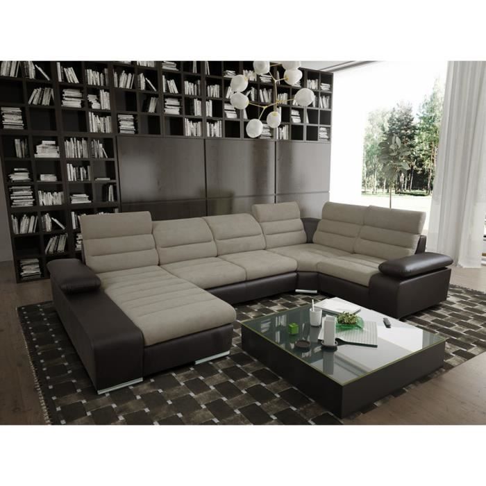 Canapé d'angle panoramique convertible en tissu et simili BOILEAU - Bicolore beige-chocolat - Angle gauche