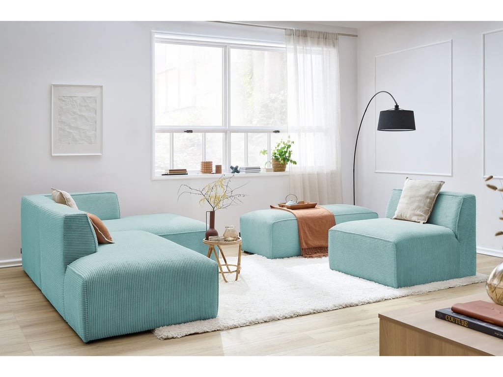 Produit similaire: Canapé d'angle fixe modulable MEGEVE tissu velours côtelé avec 1 chauffeuse et 1 pouf bleu clair angle droit BOBOCHIC 6 places