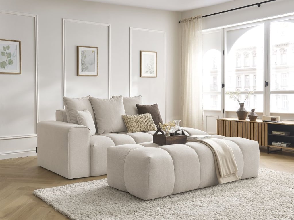 Produit similaire: Canapé droit fixe MONT-BLANC tissu chiné avec pouf beige accoudoir gauche BOBOCHIC 5 places