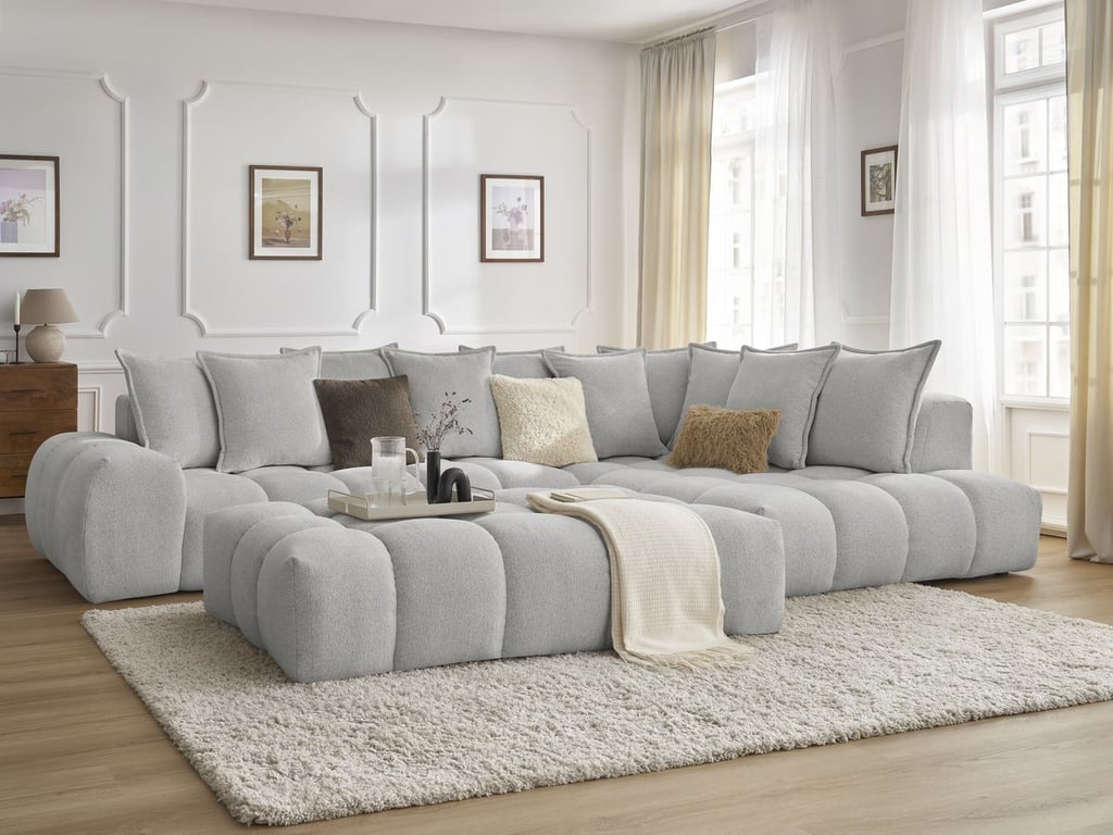 Produit similaire: Canapé d'angle fixe EVEREST tissu chiné avec pouf gris clair angle droit BOBOCHIC 5 places