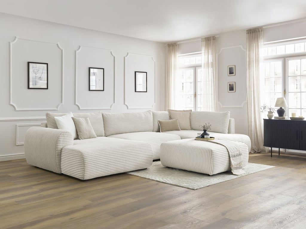 Produit similaire: Canapé panoramique convertible coffre LUCIEN gros côtelé doux avec pouf beige angle gauche BOBOCHIC 6 places