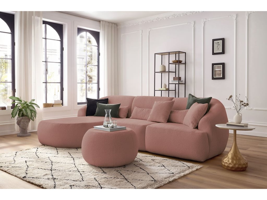 Produit similaire: Canapé d'angle fixe ALESIA tissu bouclette avec pouf rose angle gauche BOBOCHIC 4 places