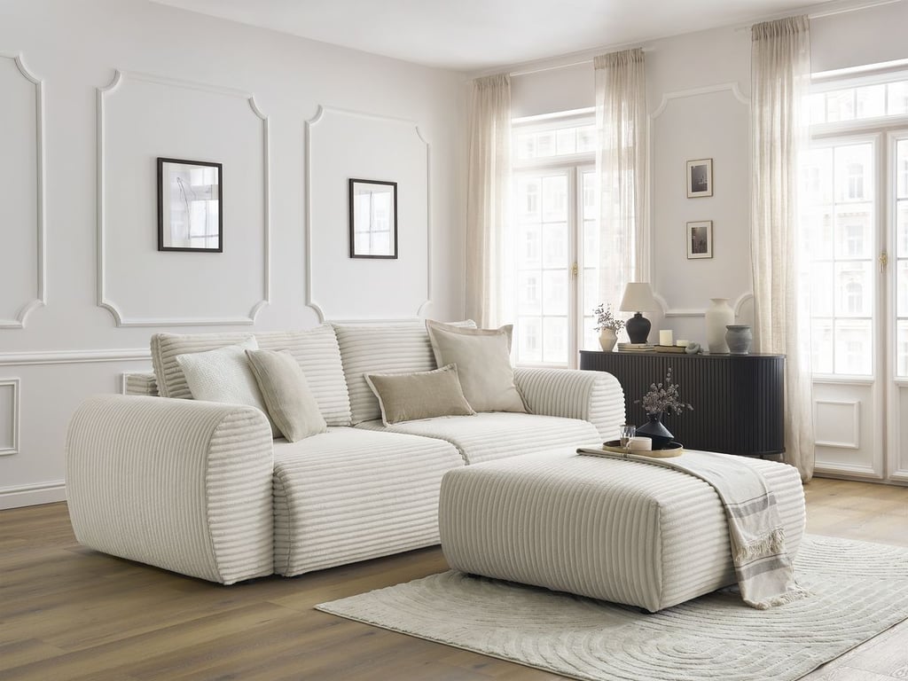 Canapé droit convertible coffre LUCIEN gros côtelé doux avec pouf beige   BOBOCHIC 4 places