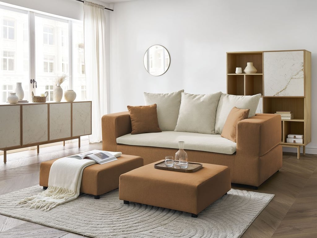 Produit similaire: Canapé droit convertible LEANDRE bi matière avec deux poufs beige et jaune BOBOCHIC 4 places