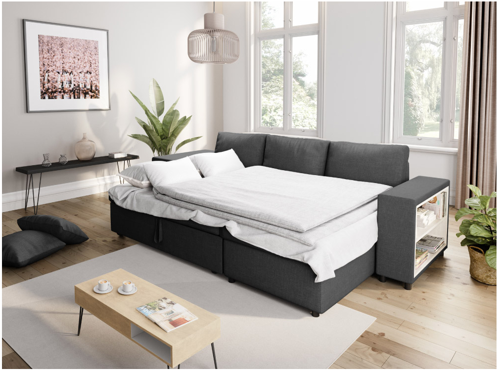 Canapé d'angle MADY convertible avec coffre, accoudoir étagère et poufs en tissu - Vue supplémentaire 1