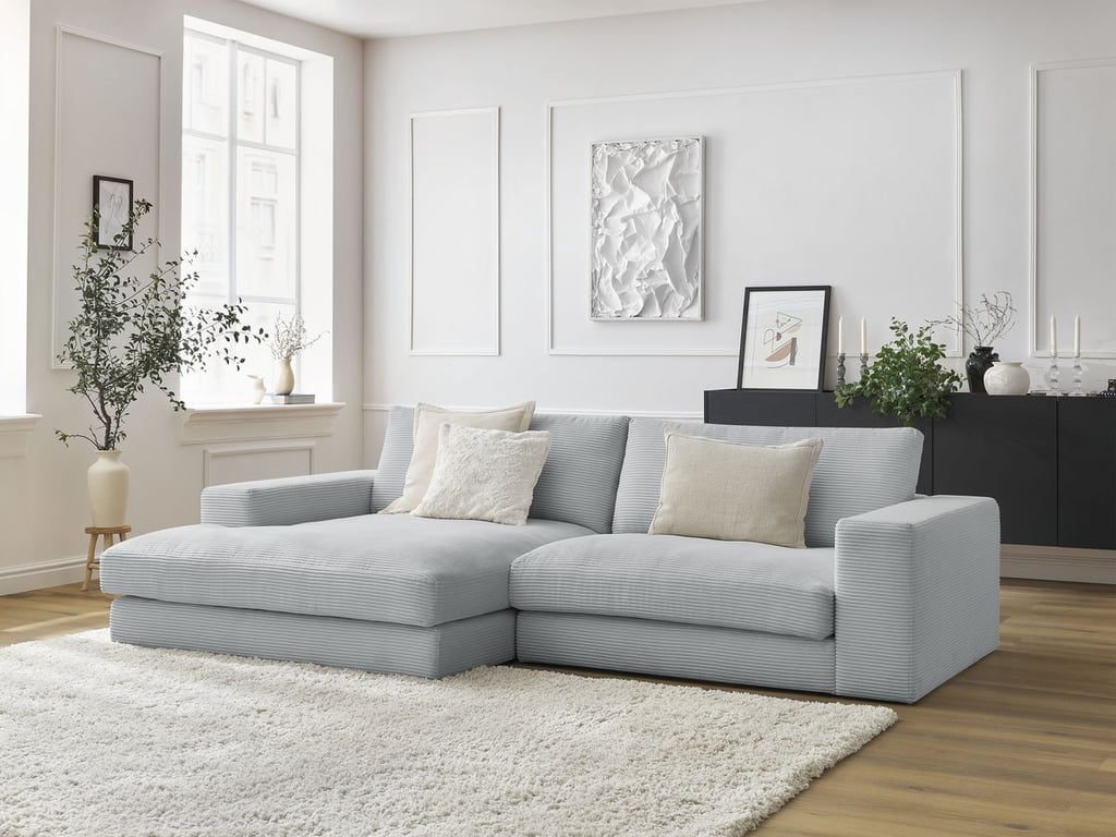 Produit similaire: Canapé d'angle fixe LEONARD velours côtelé gris clair  angle gauche BOBOCHIC 4 places