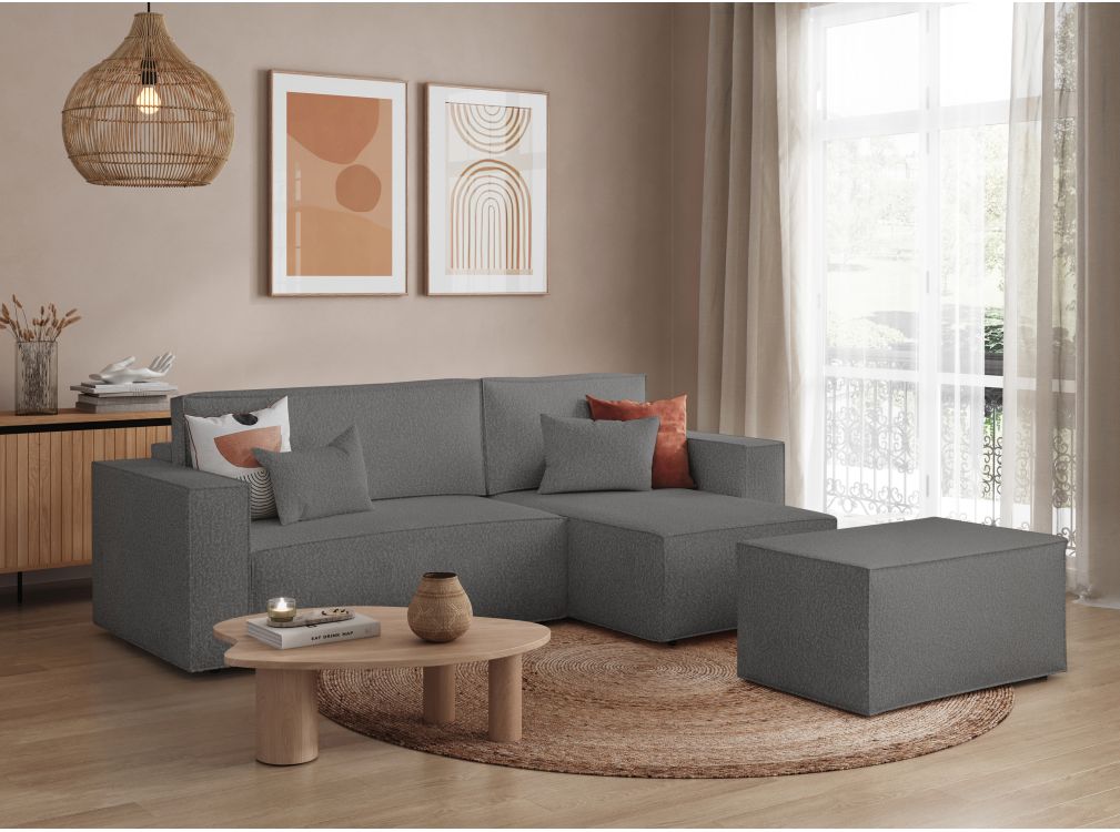 Produit similaire: PACK - CLARISSE - Canapé d'angle convertible réversible avec pouf en tissu bouclette