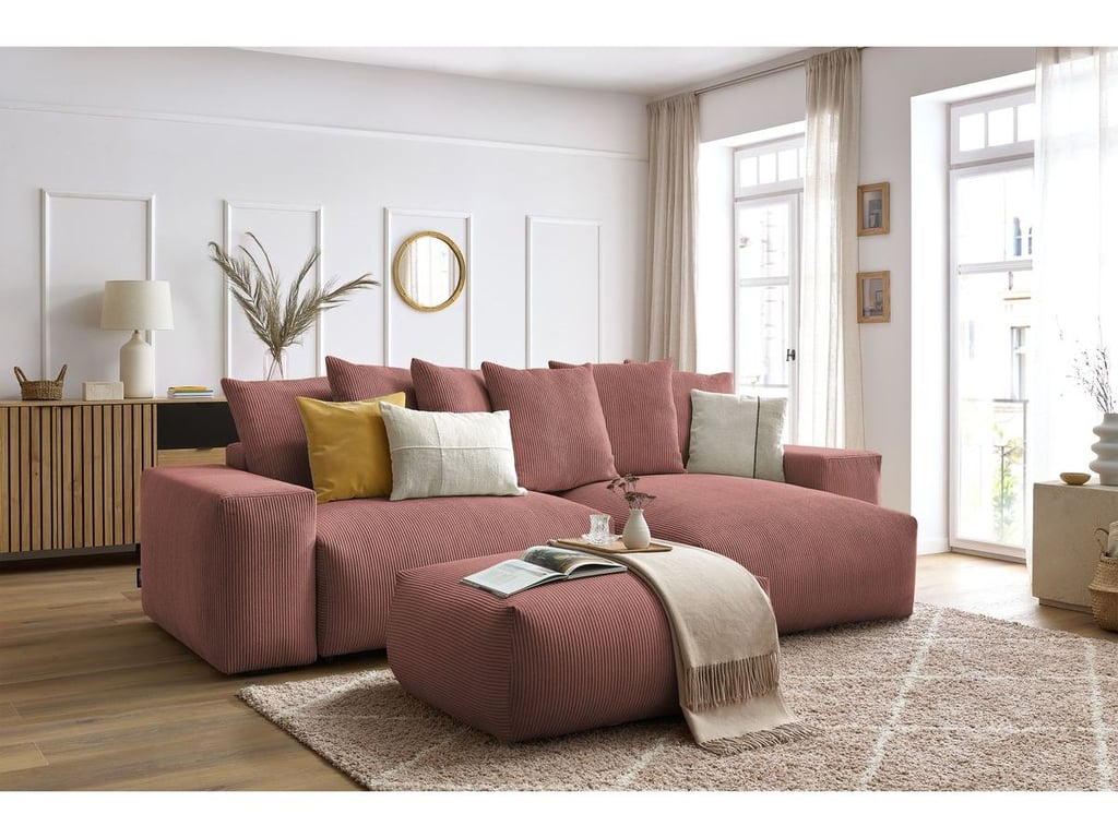 Produit similaire: Canapé d'angle réversible convertible coffre VOLTAIRE avec pouf rose réversible BOBOCHIC 5 places