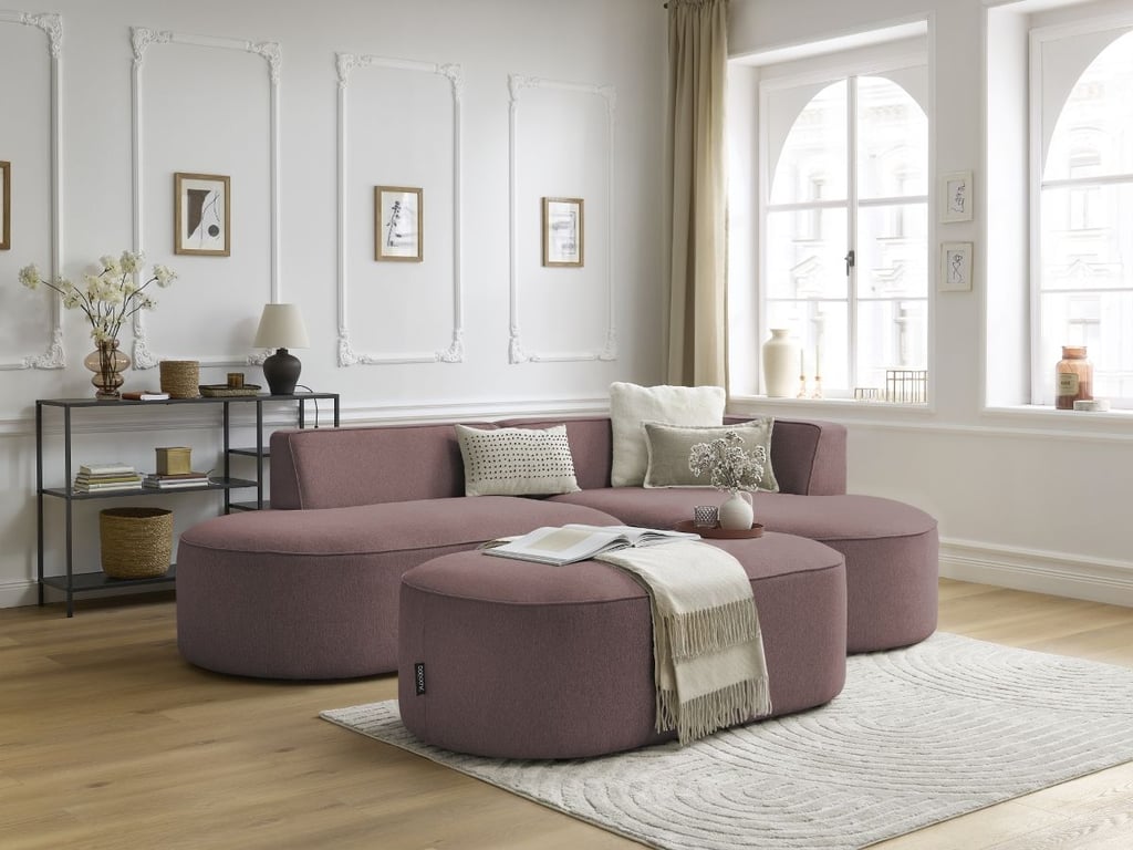 Produit similaire: Canapé d'angle fixe ROUSSEAU tissu chiné avec pouf rose angle droit BOBOCHIC 5 places