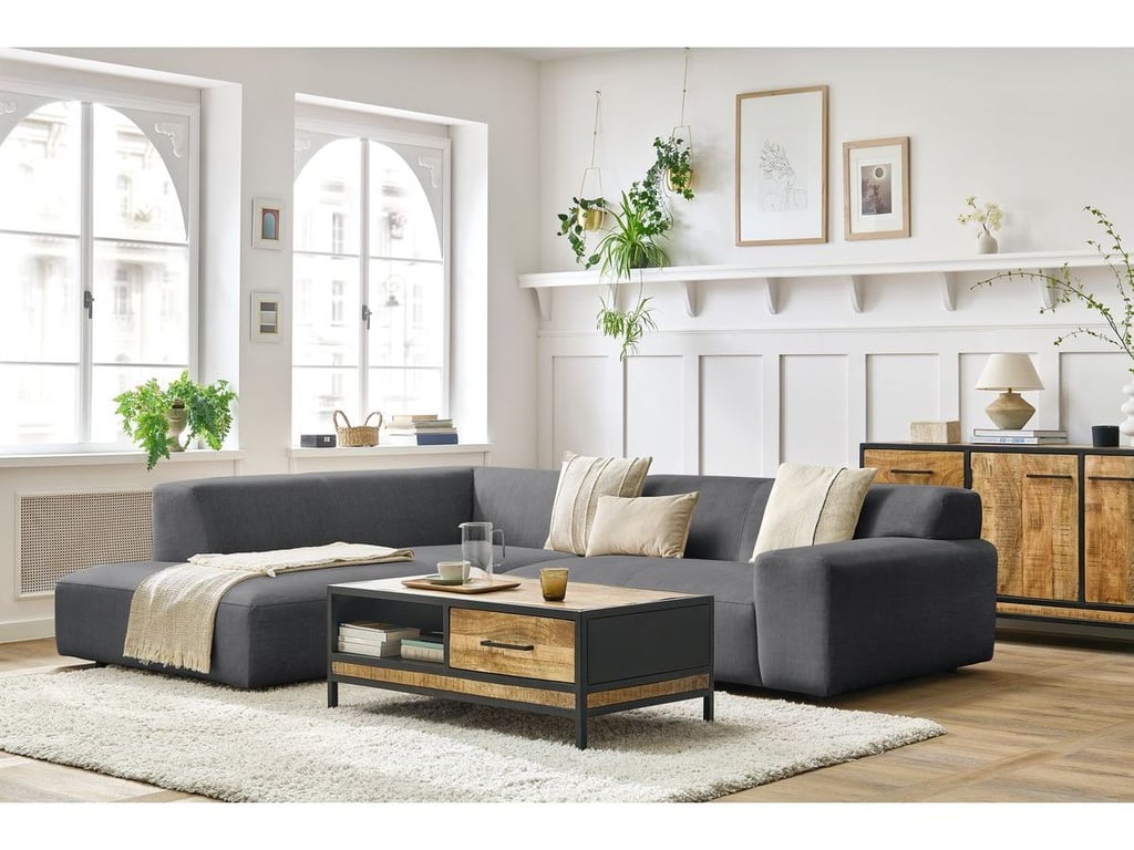 Produit similaire: Canapé d'angle fixe compact LAVENA tissu velours gris foncé angle gauche BOBOCHIC 4 places