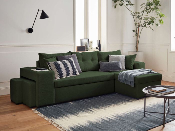 Produit similaire: Canapé d'angle réversible convertible en velours côtelé - California - 4 places avec coffre, tablette et poufs