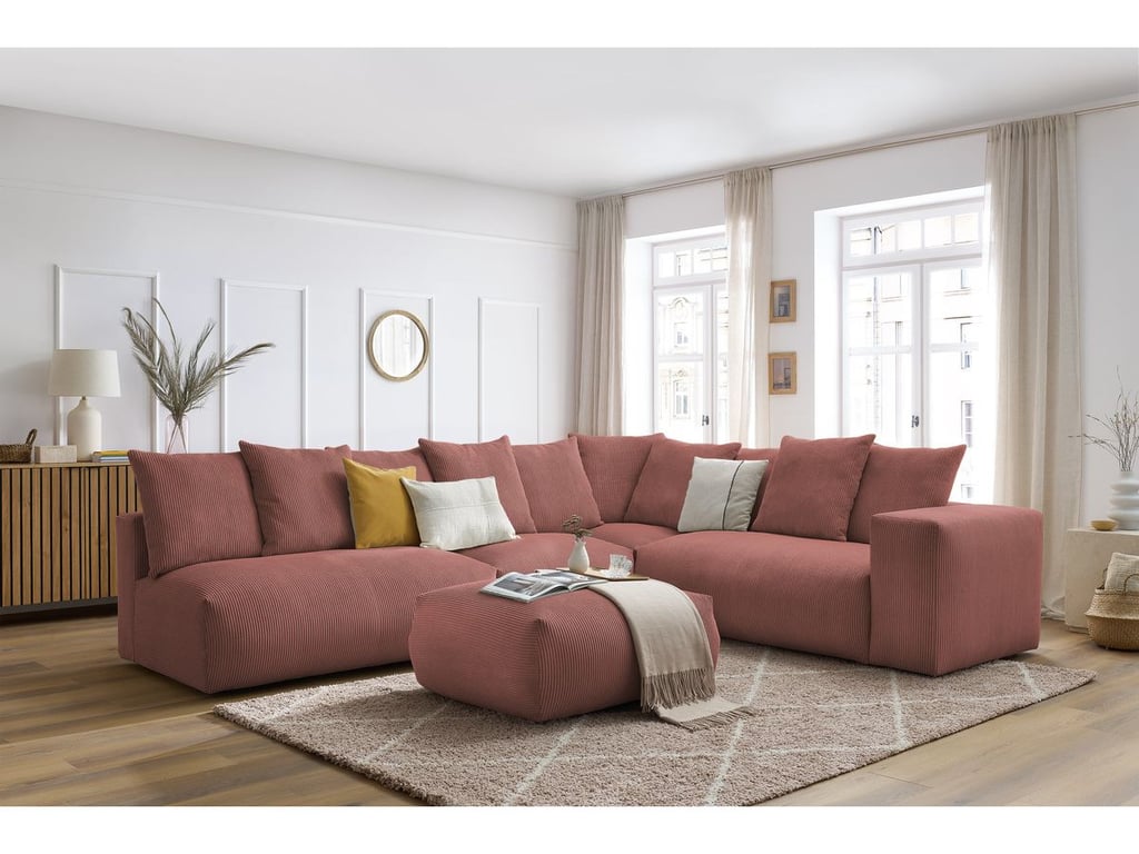 Produit similaire: Canapé d'angle fixe modulable VOLTAIRE avec 2 chauffeuses 2 places, 1 angle, 1 chauffeuse 1 place et 1 pouf rose angle droit BOBOCHIC 7 places