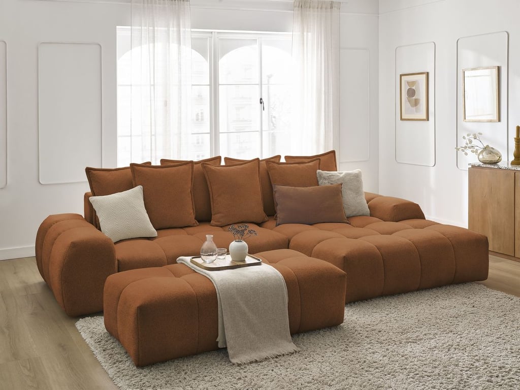 Produit similaire: Canapé d'angle convertible coffre EVEREST tissu chiné avec pouf orange angle droit BOBOCHIC 4 places