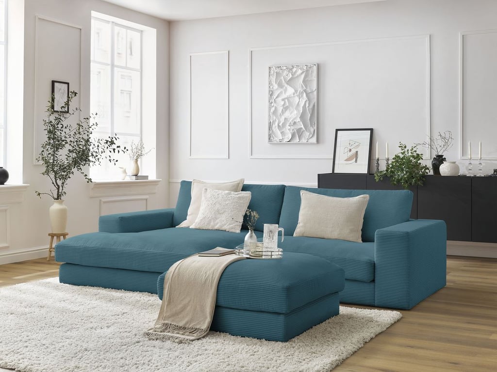 Produit similaire: Canapé d'angle fixe LEONARD velours côtelé avec pouf bleu clair angle gauche BOBOCHIC 5 places