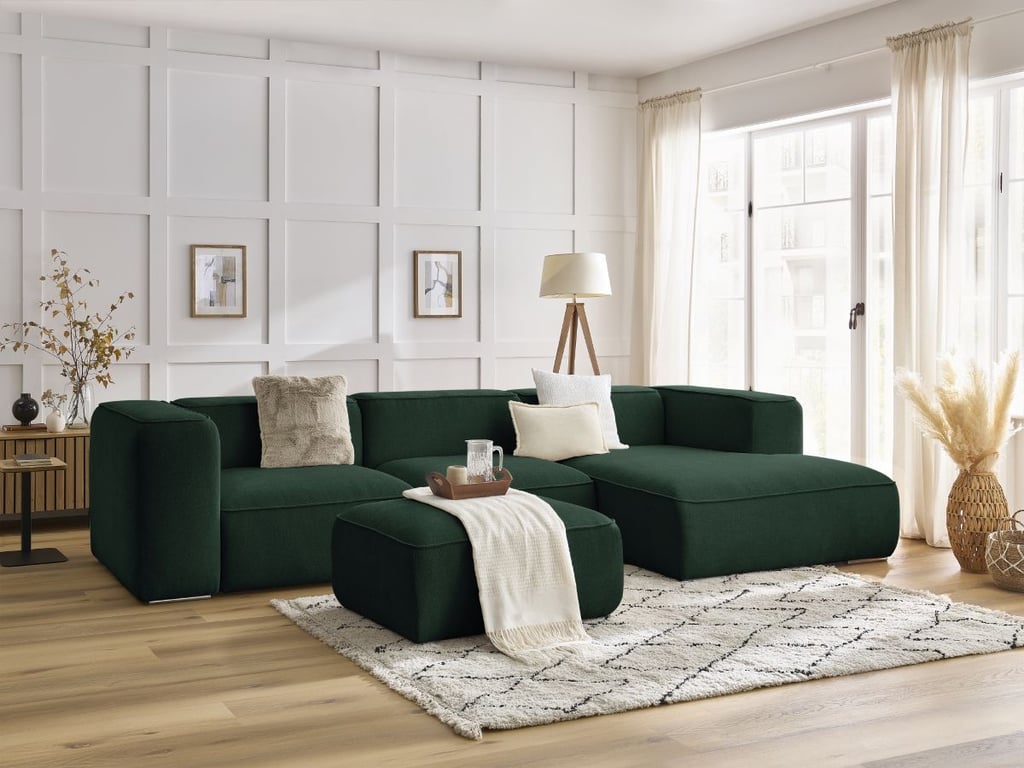 Produit similaire: Canapé d'angle fixe ZEPHYR avec pouf vert angle droit BOBOCHIC 5 places