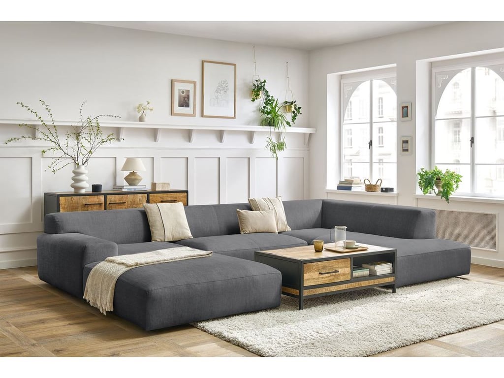 Produit similaire: Canapé panoramique fixe compact LAVENA tissu velours gris foncé angle gauche BOBOCHIC 6 places