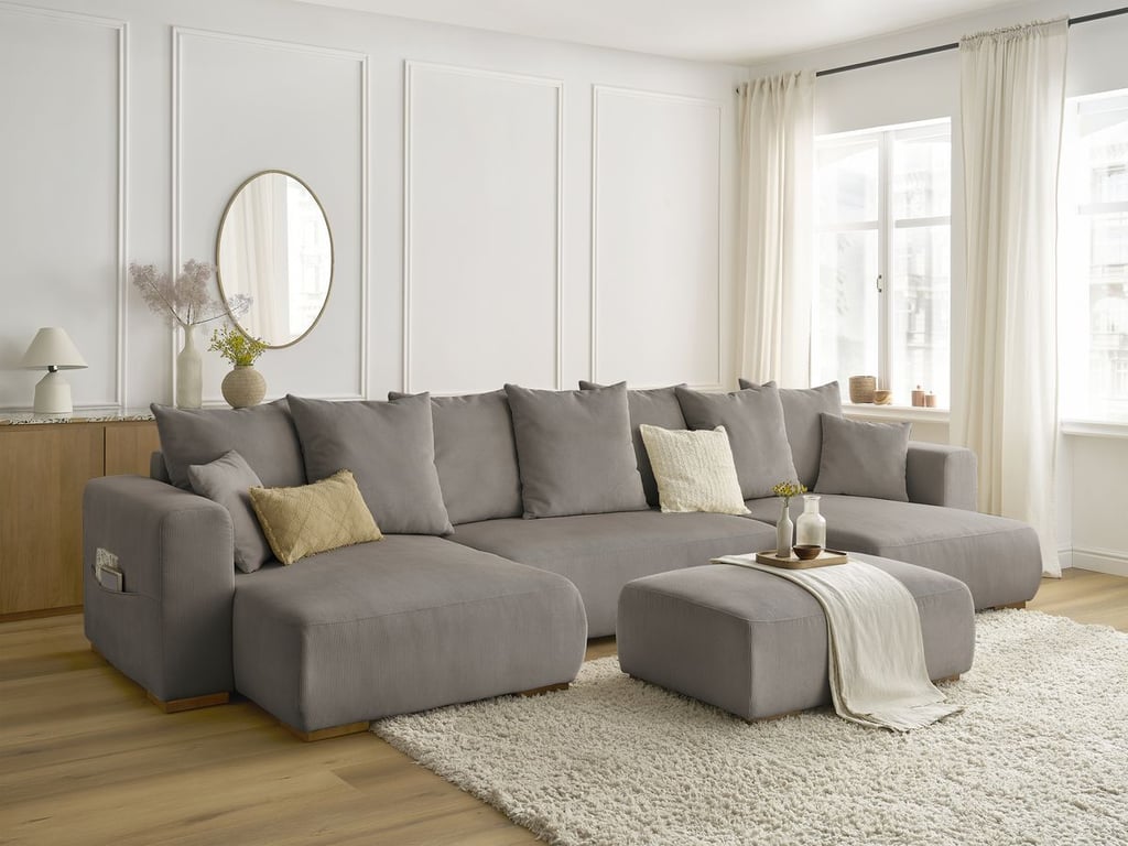 Produit similaire: Canapé panoramique convertible réversible coffre SIDONIE velours côtelé avec pouf taupe BOBOCHIC 5 places