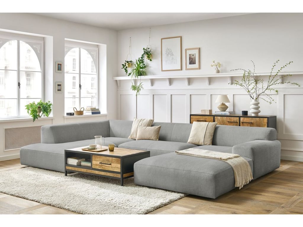 Produit similaire: Canapé panoramique fixe compact LAVENA tissu velours gris clair angle droit BOBOCHIC 6 places