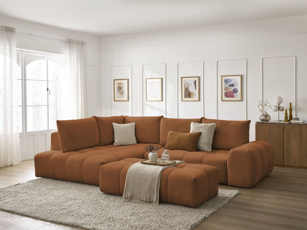 Produit similaire: Canapé d'angle L convertible coffre EVEREST tissu chiné avec pouf orange angle gauche BOBOCHIC 4 places