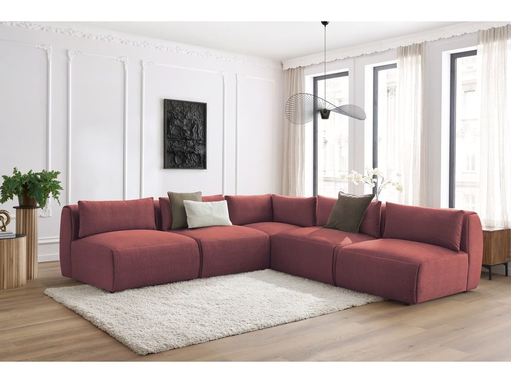 Produit similaire: Canapé d'angle fixe modulable JEANNE tissu velours avec 4 chauffeuses et 1 angle orange réversible BOBOCHIC 5 places