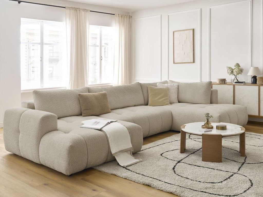 Produit similaire: Canapé d'angle panoramique convertible FUJI tissu bouclette beige angle gauche BOBOCHIC 5 places