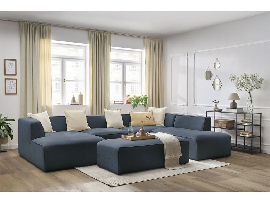 Produit similaire: Canapé panoramique fixe MEGEVE avec pouf tissu chiné bleu foncé angle gauche BOBOCHIC 6 places