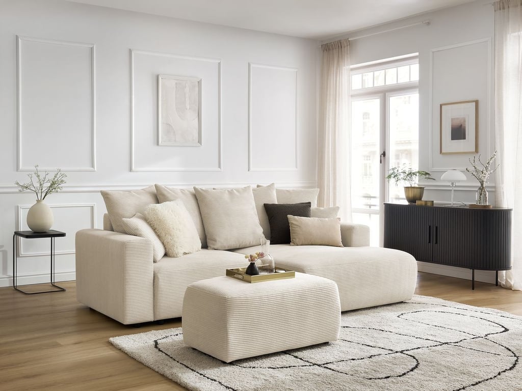 Canapé d'angle convertible coffre ATILLA velours côtelé avec pouf beige  angle droit BOBOCHIC 4 places