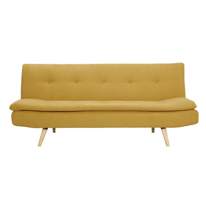 Produit similaire: Canapé convertible 3 places en tissu effet velours jaune moutarde et bois clair SENSO
