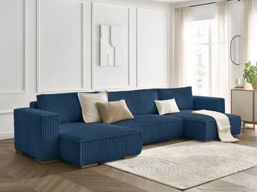 Produit similaire: Canapé panoramique convertible coffre CHELSEA gros côtelé doux bleu foncé BOBOCHIC 4 places