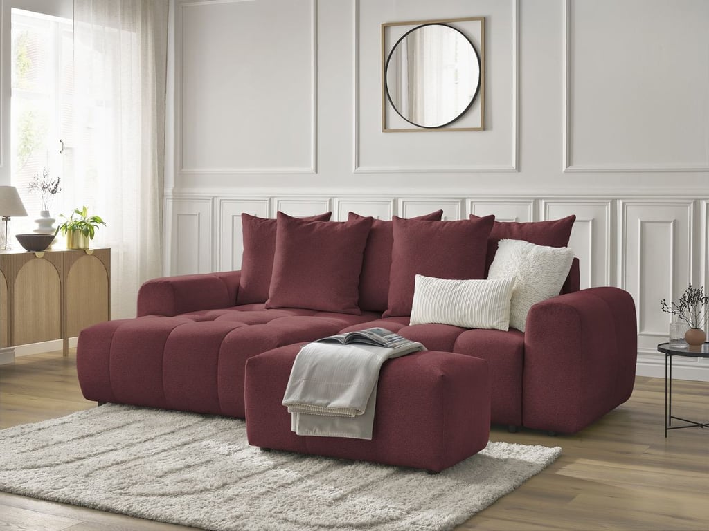 Produit similaire: Canapé d'angle convertible coffre ROXELANE tissu chiné avec pouf rouge angle gauche BOBOCHIC 3 places