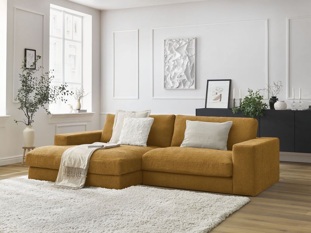 Produit similaire: Canapé d'angle fixe compact LEONARD tissu texturé jaune angle gauche BOBOCHIC 4 places